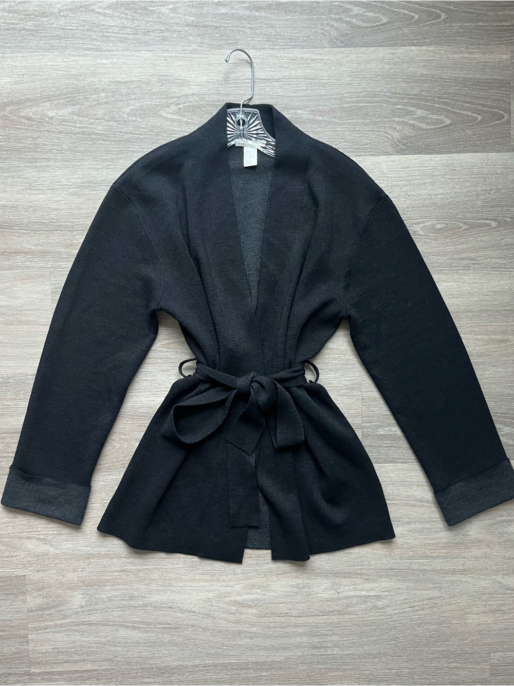 H&M Wool Blend Black/Charcoal Belted Cardigan Sweater | Open Front Wrap